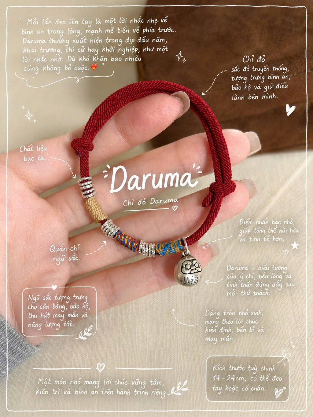 Chỉ Đỏ Ngũ Sắc Daruma Chiêu Phúc Bạc 999 – Bình An & Tài Lộc