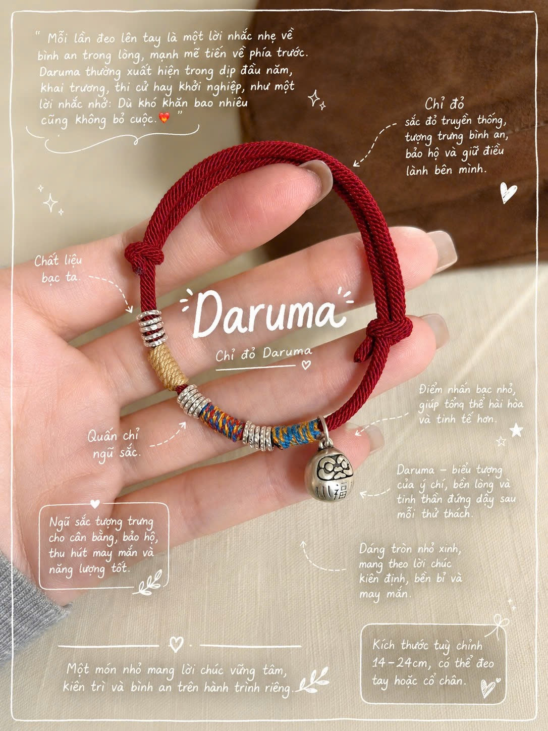 Chỉ Đỏ Ngũ Sắc Daruma Chiêu Phúc Bạc 999 – Bình An & Tài Lộc