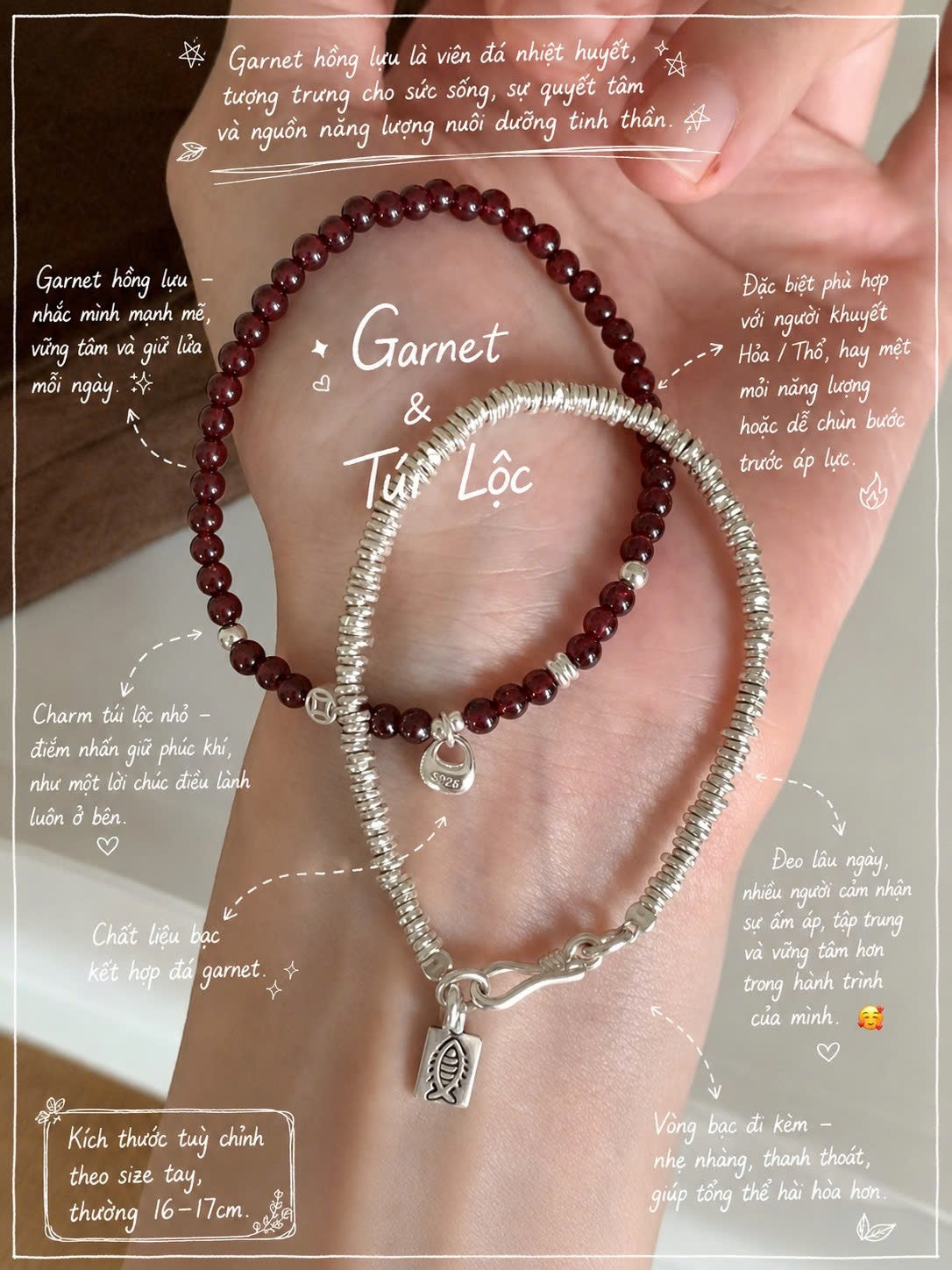 Vòng đá Garnet Hồng Lựu & Charm Kim Tiền Bạc 999 - sinh khí & bảo hộ