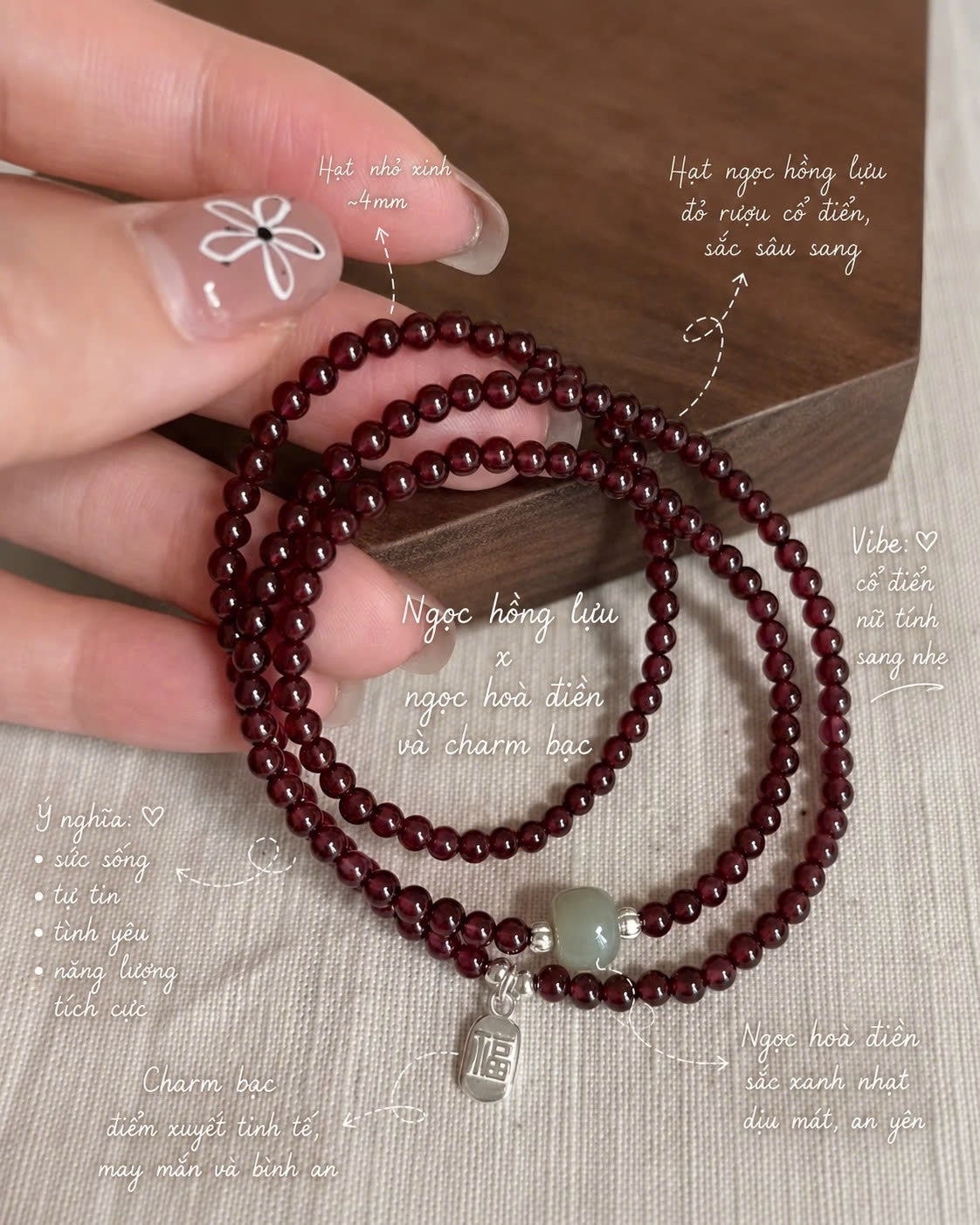 Vòng Garnet Ngọc Hồng Lựu x Hoà Điền & Charm bạc 925