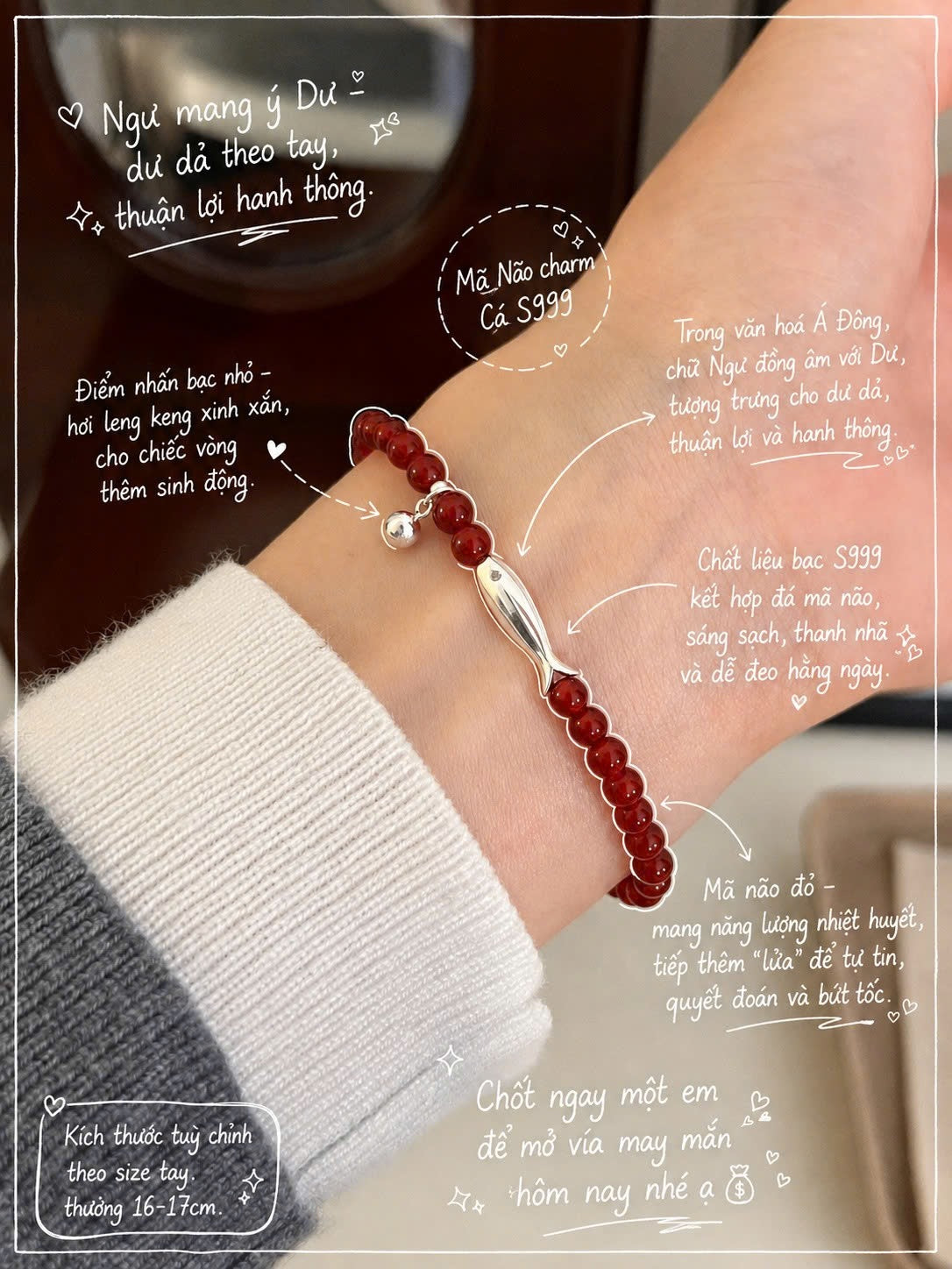 Vòng đá Mã Não Đỏ & Charm Cá Bạc 999 -  dư dả & bảo hộ