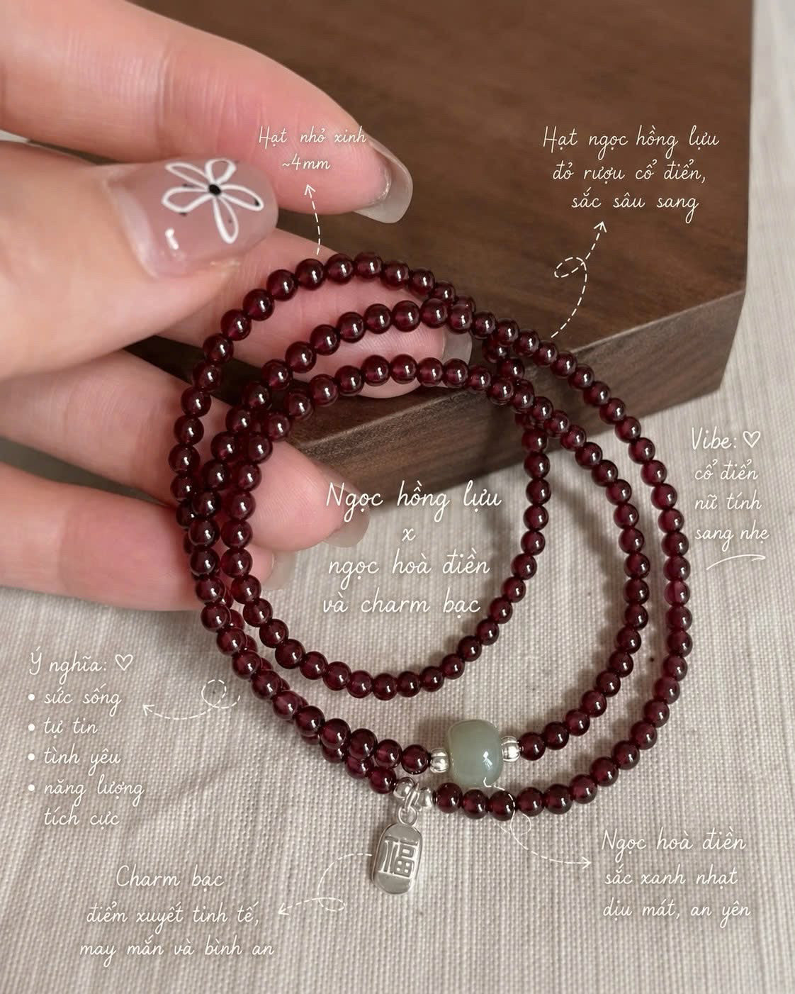 Vòng Garnet Ngọc Hồng Lựu x Hoà Điền & Charm bạc 925