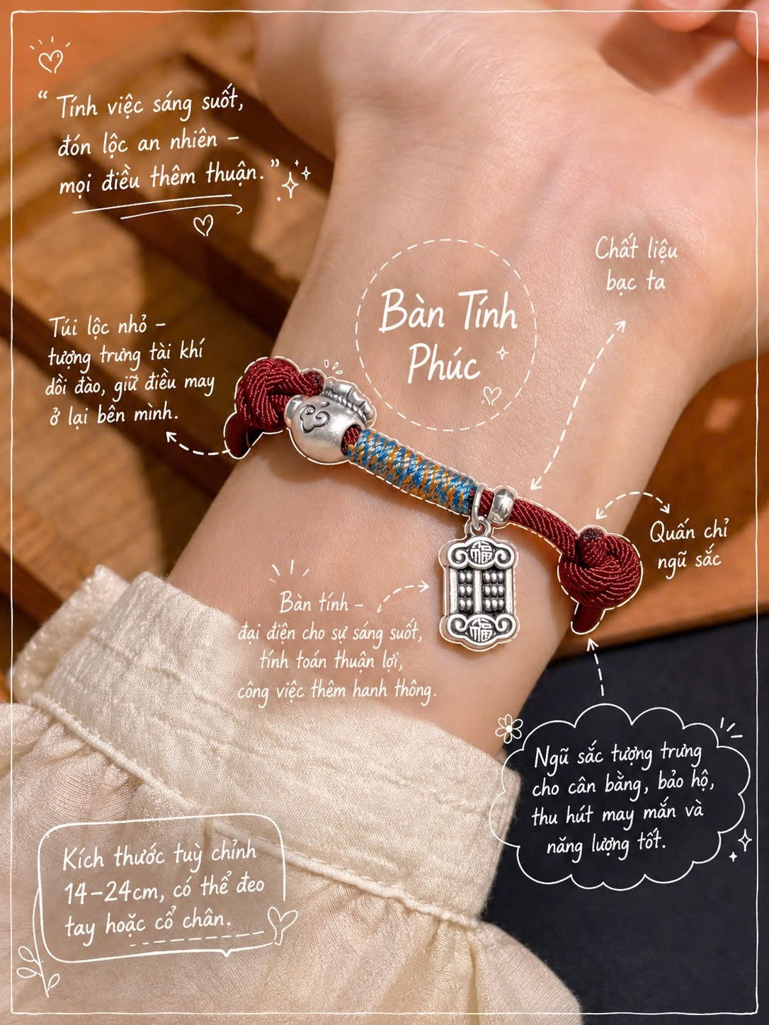 Chỉ Đỏ Ngũ Sắc Bàn Tính Bạc 999 - Túi Tài Lộc